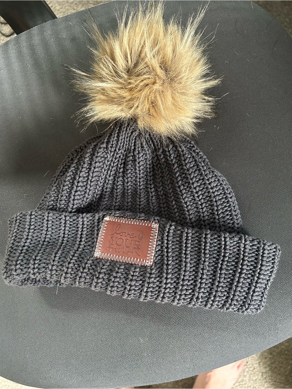 Love Your Melon Charcoal Knit Beanie with Brown Patch